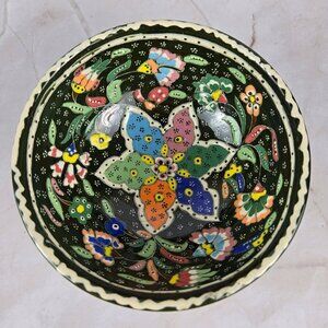 Traditional Turkish Bowl Handmade Painted Glazed Floral Multi Color Black Bckgrd